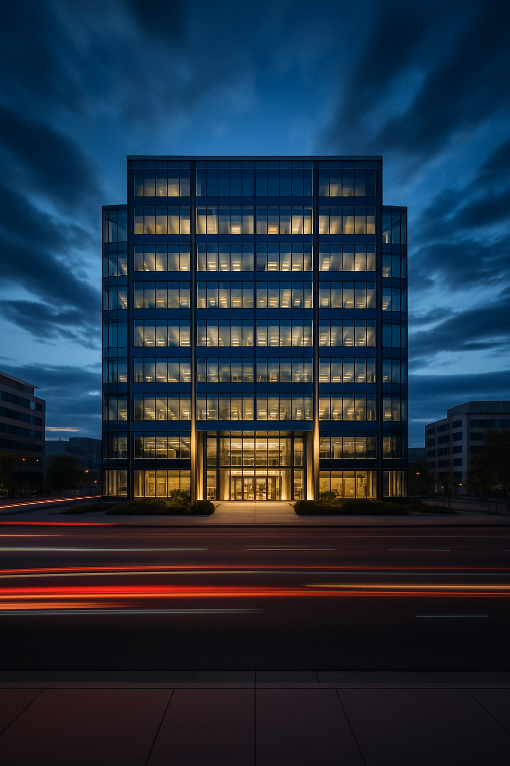 Modern Glass Building Illuminated at Dusk